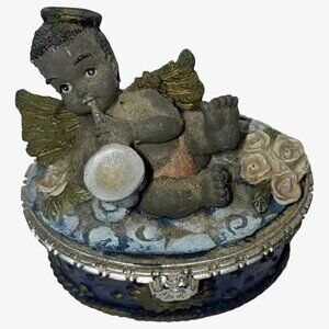 Vintage African American Baby Cherub Playing Saxophone Hinged Trinket Box